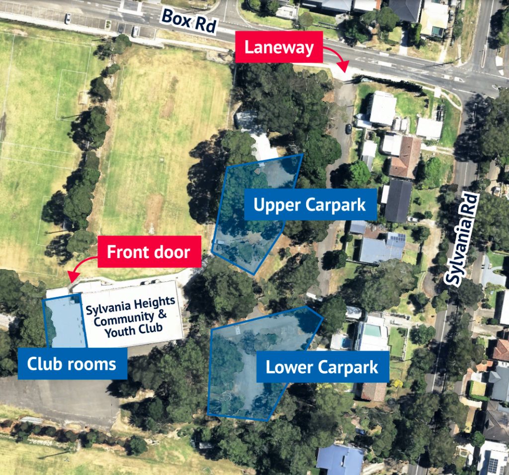 Map of Sylvania Heights Community & Youth Club. Entire via the laneway on Box Road. Park in either the Upper carpark or the lower carpark. The front door is along the sports fields which should lead you straight to the club rooms.